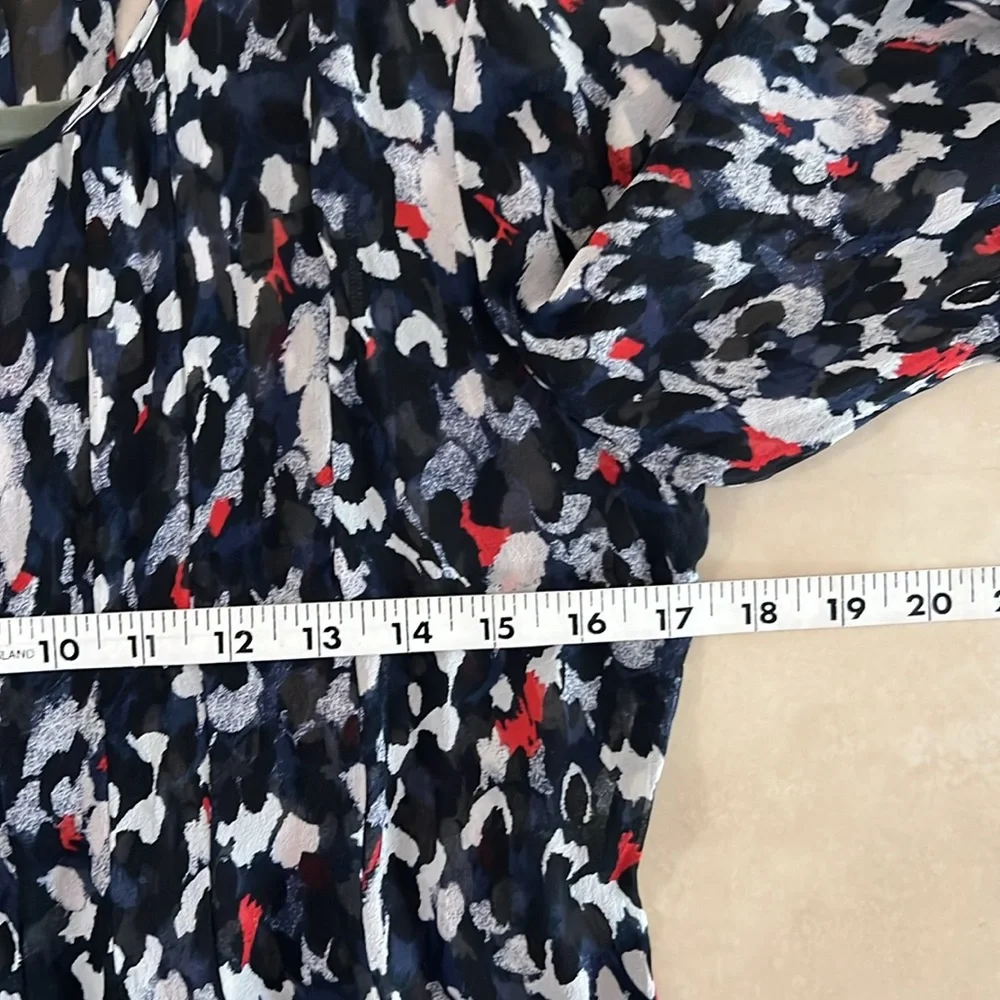 Club Monaco Women 8 Paint Splatter Navy‎ Mini Sheer Zipper Pleated 💯 Silk Dress